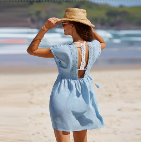 Women's Light Blue Plunging Mini Cover-Up Dress - Cupshe